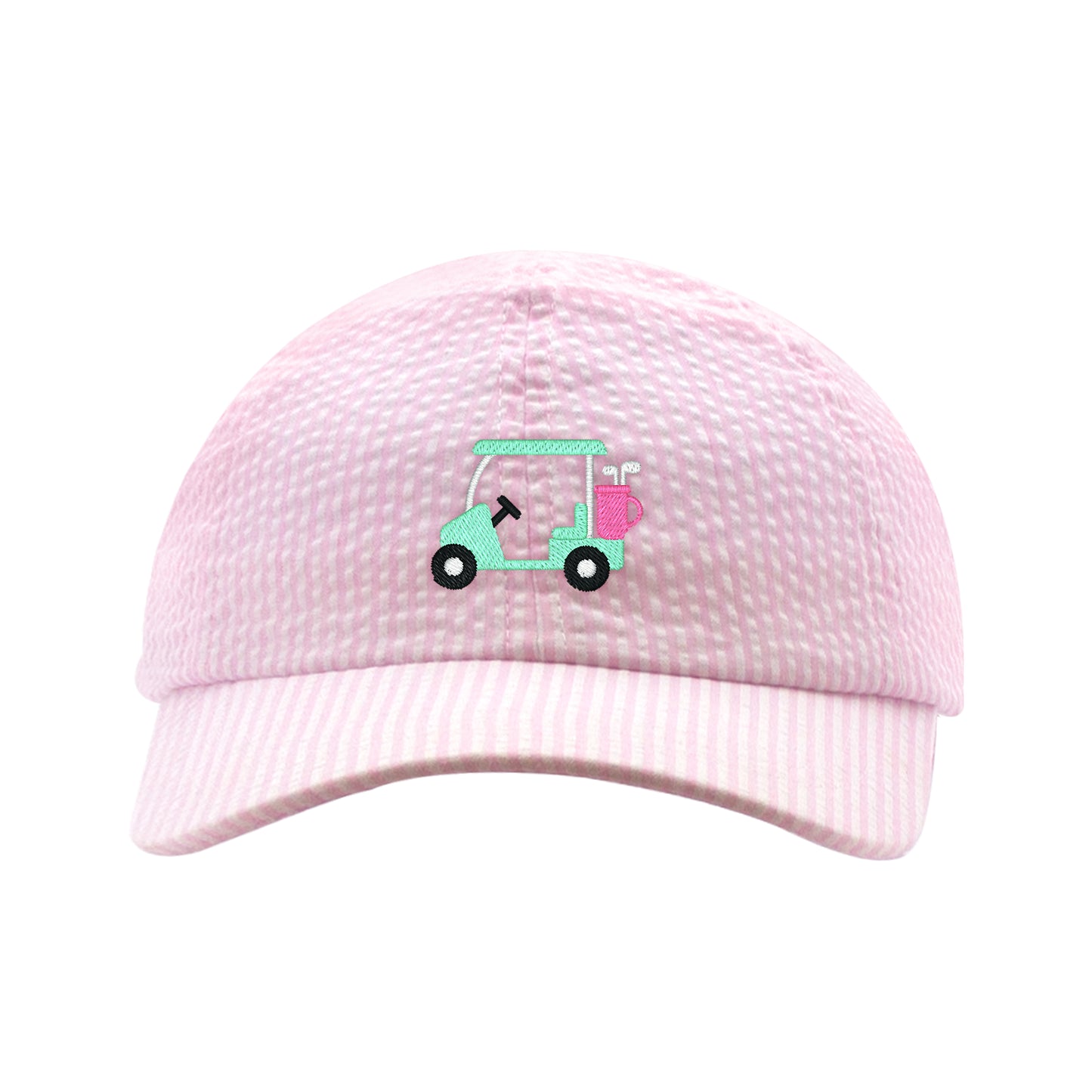 Golfcart Embroidered Pink Seersucker Hat with Add-a-Bow