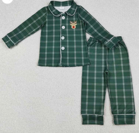 Green Plaid Reindeer Pant Set